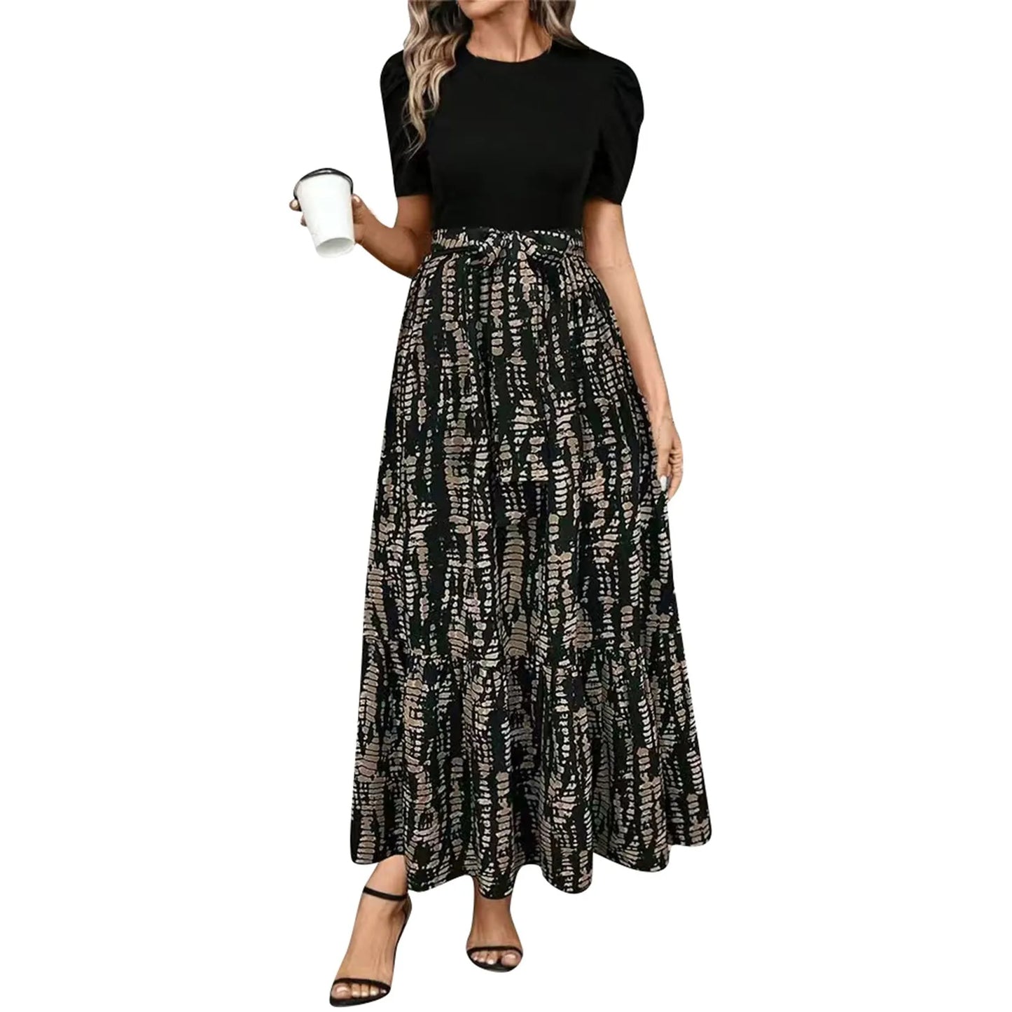 Women's High Waist Floral Print Short Sleeve Dress