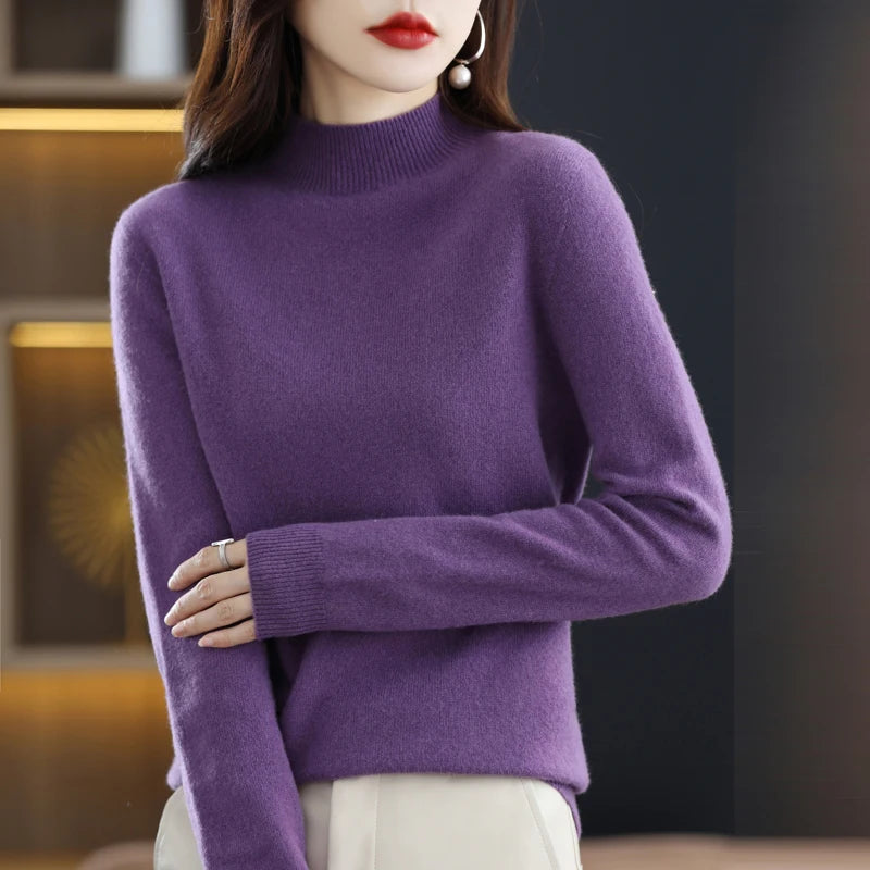 Women's Casual 100% Pure Wool Half-neck Pullover Cashmere Sweater