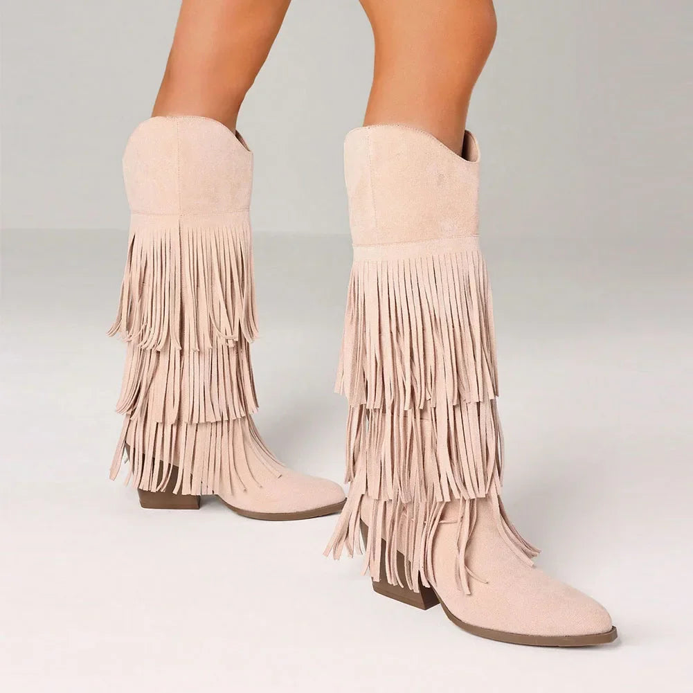 Women's Retro Fringe Knee High Pointed Toe Cowboy Boots