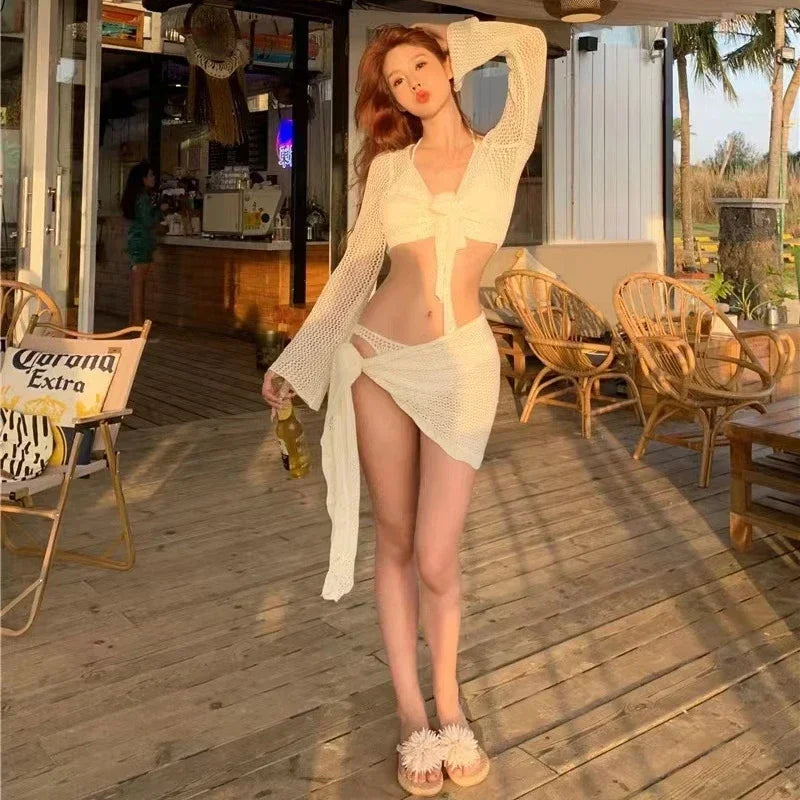Women's 4 Piece Lace Up Bikinis Set with Solid Long Sleeve Cover Up with Skirt
