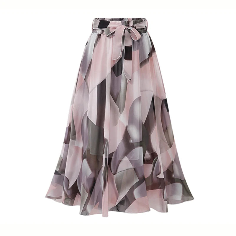 Women's Plus Size Chiffon Loose Elastic Waist Floral Print Skirt