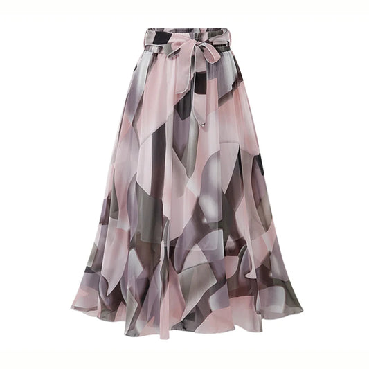 Women's Plus Size Chiffon Loose Elastic Waist Floral Print Skirt