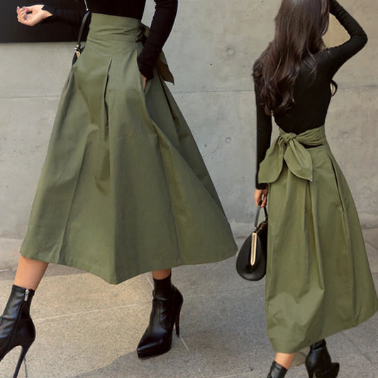 Women's High Waist Solid Skirt with Bow