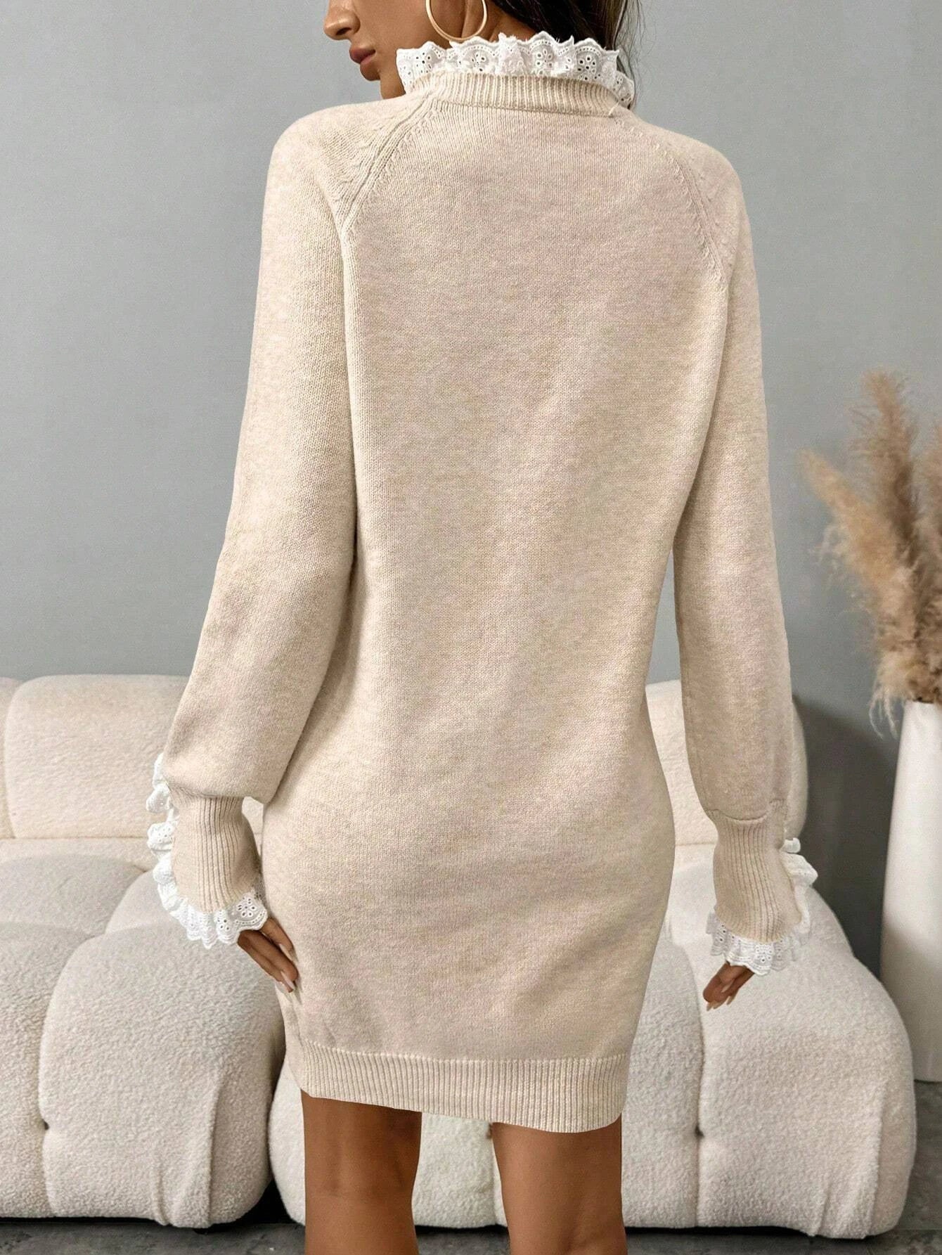 Women's Lace Splicing Half High Neck Sweater Dress