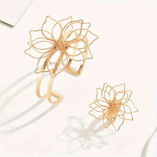 Women's Jewelry Set: Geometric Lattice Flower Ring and Bracelet