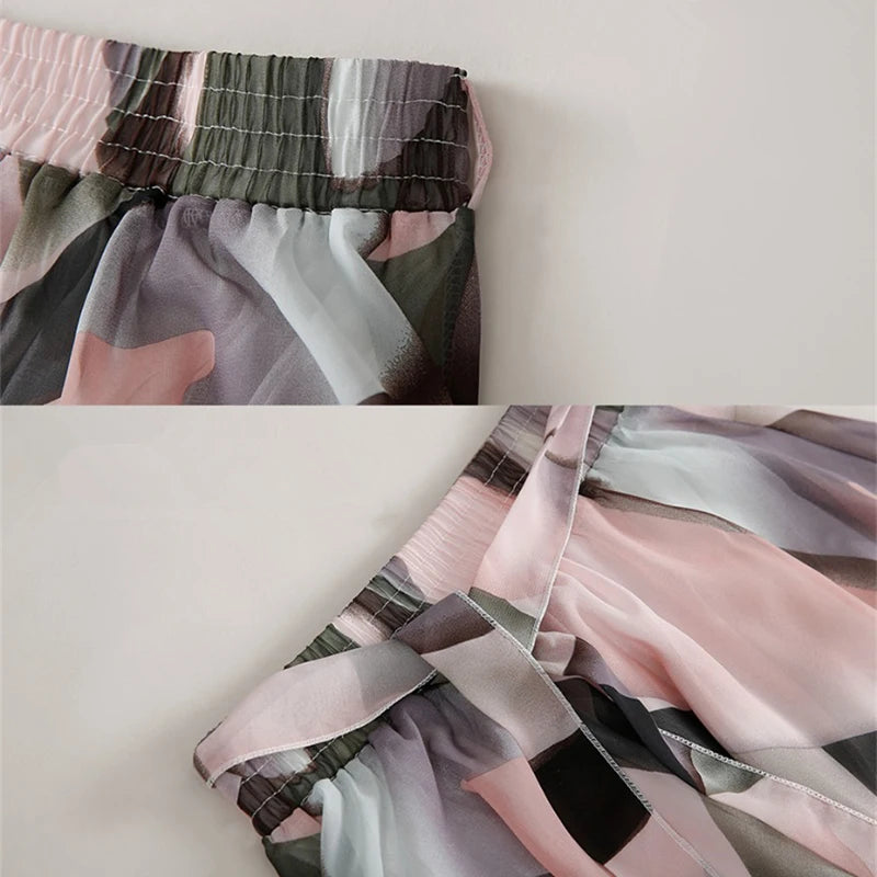 Women's Plus Size Chiffon Loose Elastic Waist Floral Print Skirt