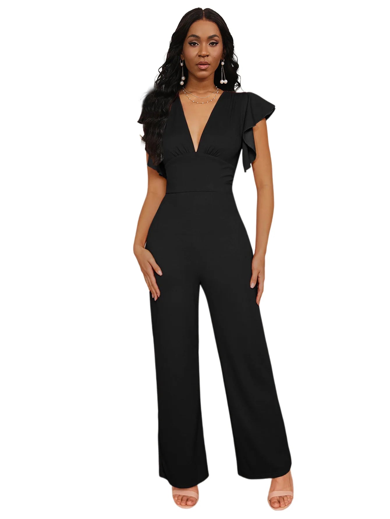 solid color dark V-neck women's jumpsuit