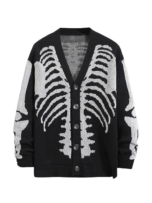 Unisex Skeleton Pattern Cardigan with V Neck for Halloween