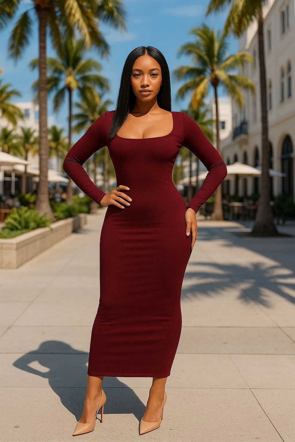 Chic Basic Minimalist Scoop Neck Ankle-Length Knit Long Dress