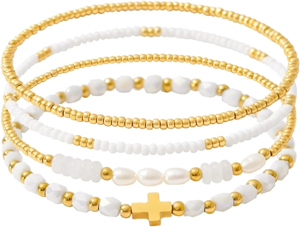 Dainty Gold Pearl Crystal Beaded Bracelets Set for Women