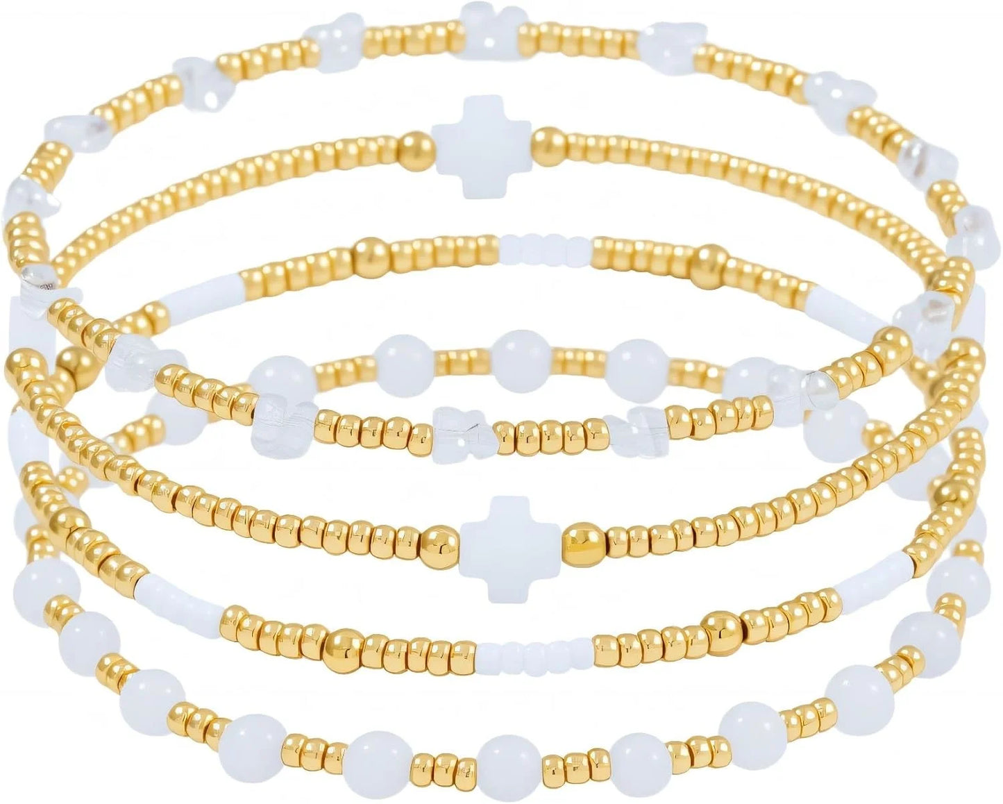 Dainty Gold Pearl Crystal Beaded Bracelets Set for Women
