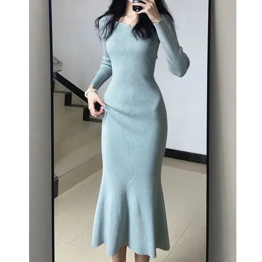Women's Blue Knitted Fish Tail Slim Fit Dress