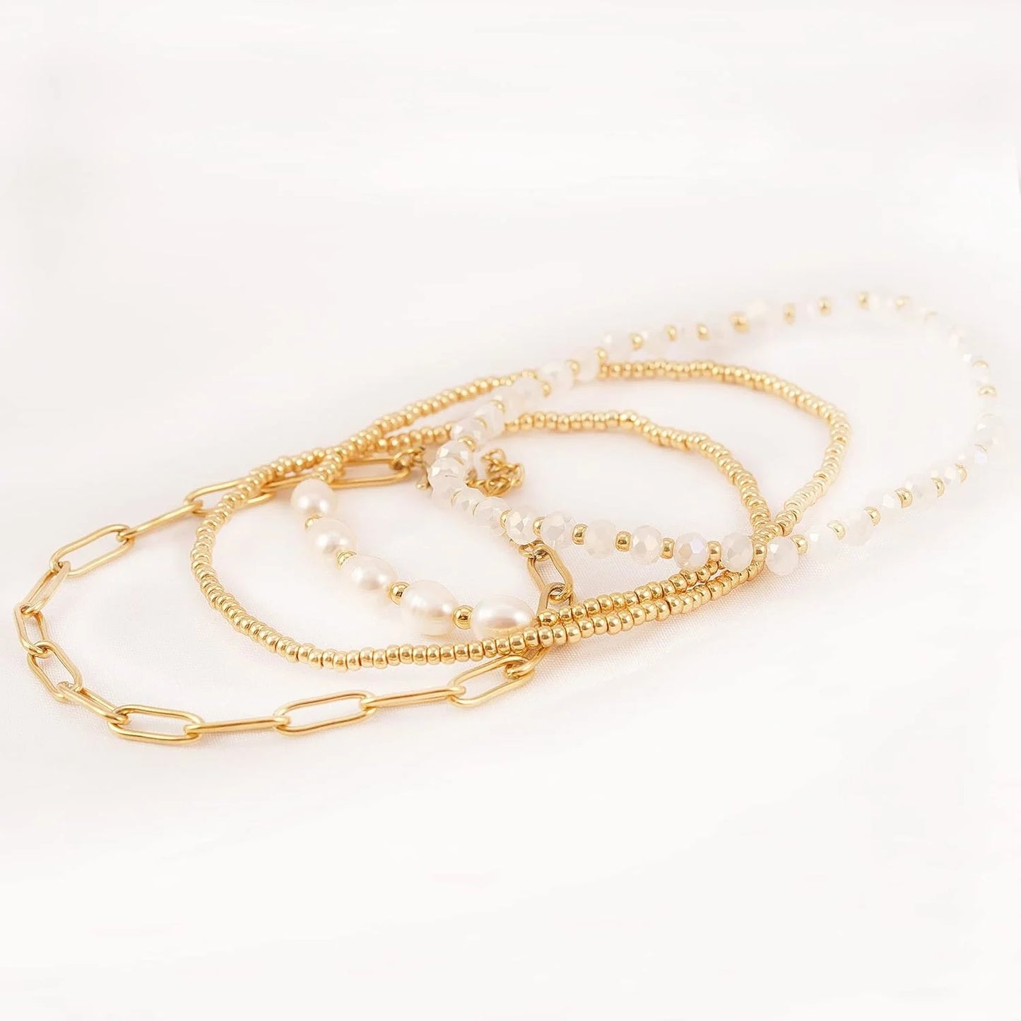 Dainty Gold Pearl Crystal Beaded Bracelets Set for Women