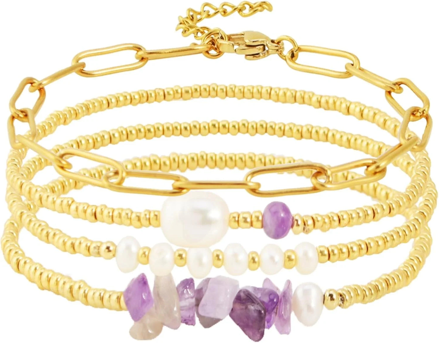 Dainty Gold Pearl Crystal Beaded Bracelets Set for Women