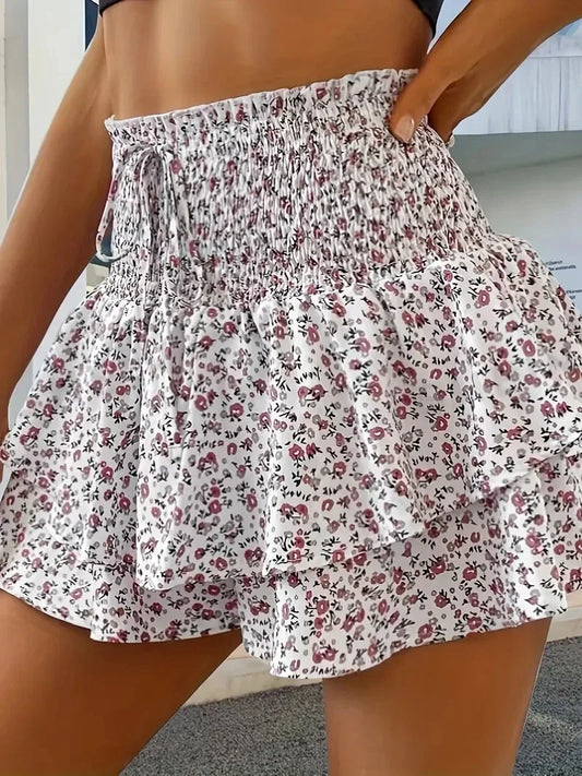 Women's Floral Print Elastic Waist Layered Hem Shorts