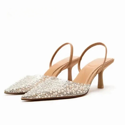 Women Slingback High Heels with Pearl Decoration