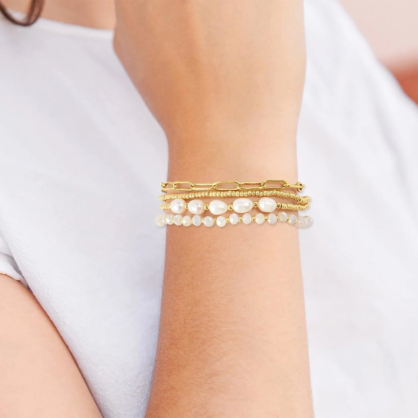 Dainty Gold Pearl Crystal Beaded Bracelets Set for Women