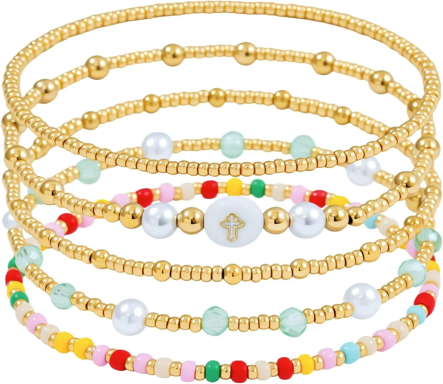 Dainty Gold Pearl Crystal Beaded Bracelets Set for Women