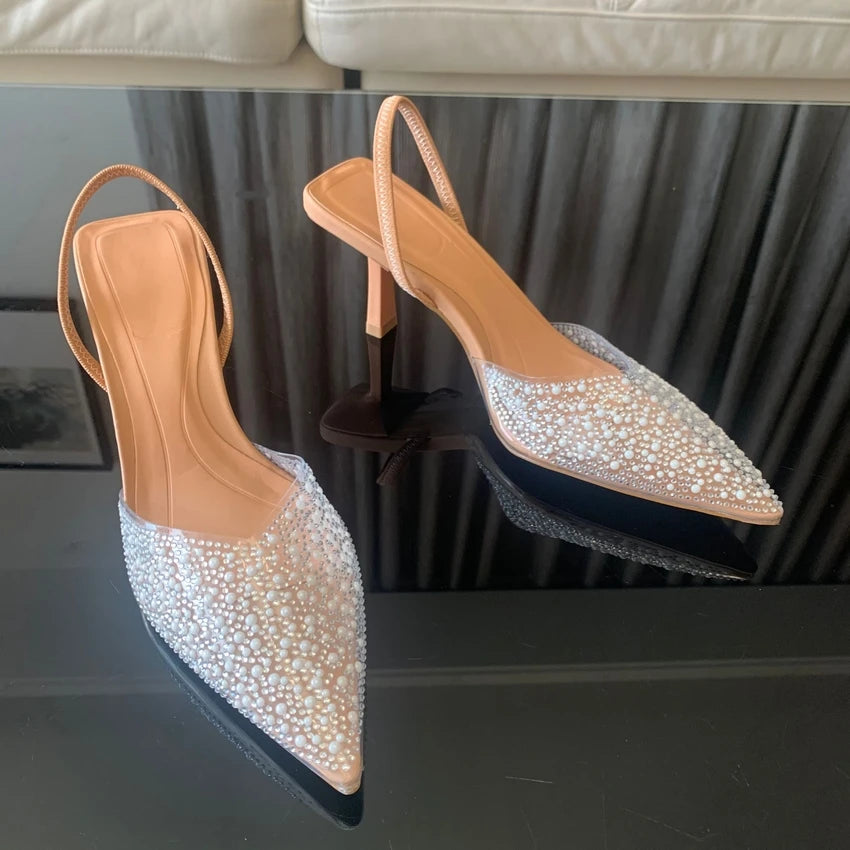 Women Slingback High Heels with Pearl Decoration