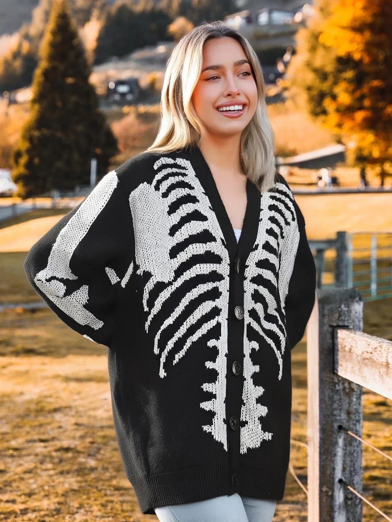 Unisex Skeleton Pattern Cardigan with V Neck for Halloween