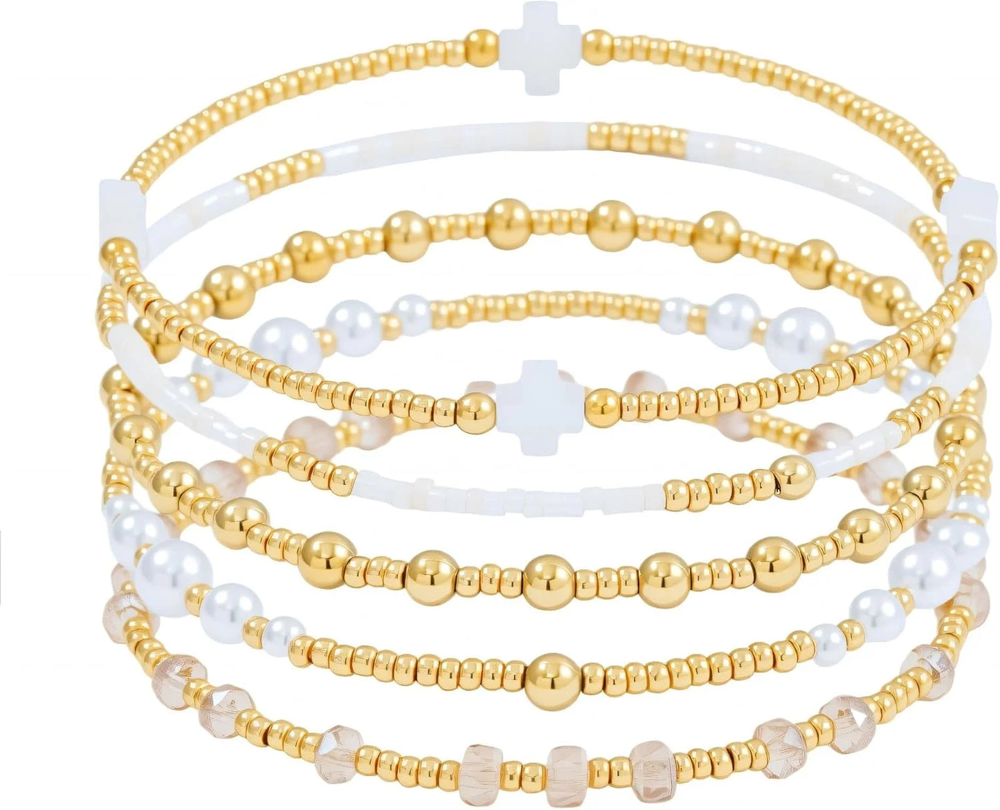 Dainty Gold Pearl Crystal Beaded Bracelets Set for Women