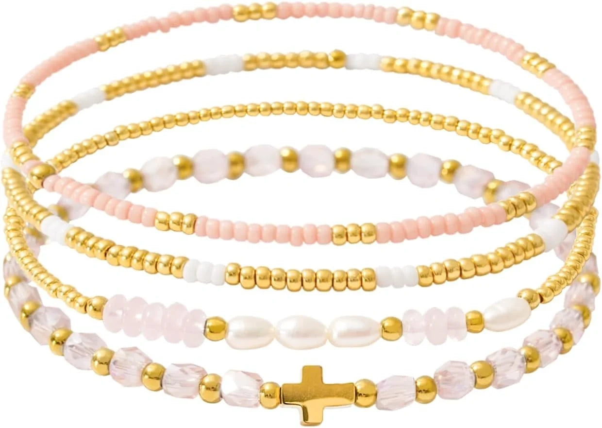 Dainty Gold Pearl Crystal Beaded Bracelets Set for Women