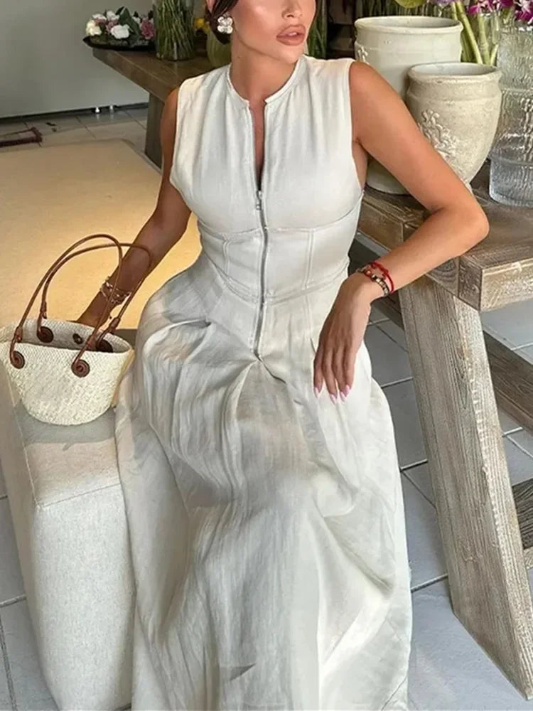 Women's Zipper Front Pleated Sleeveless Long Dress