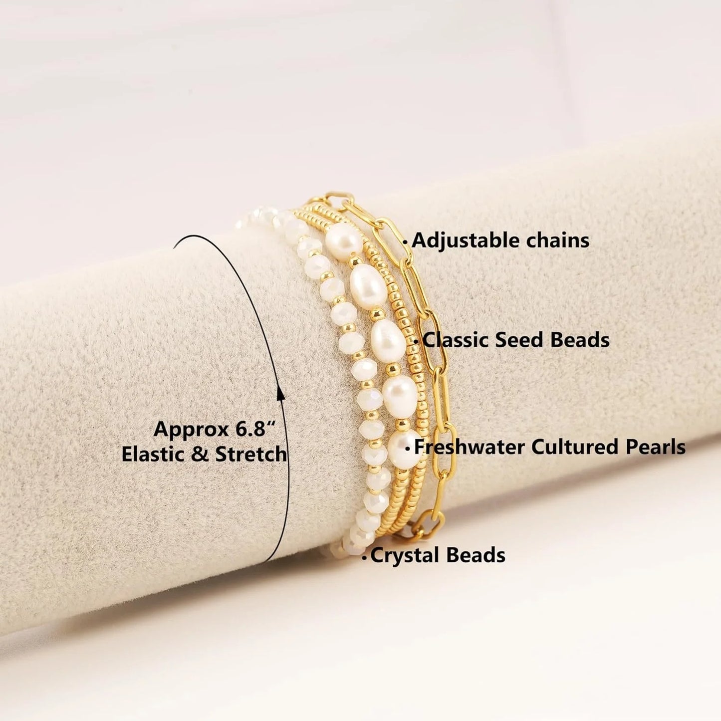 Dainty Gold Pearl Crystal Beaded Bracelets Set for Women