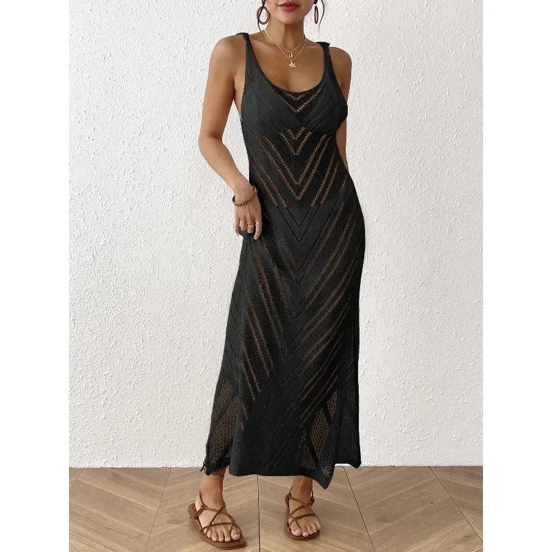 Women's Hollow V-neck Knitted Cover-up Dress