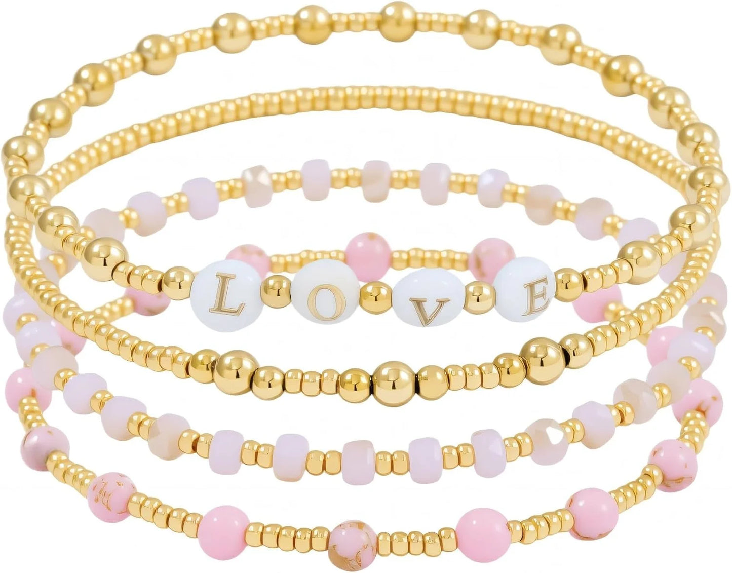 Dainty Gold Pearl Crystal Beaded Bracelets Set for Women
