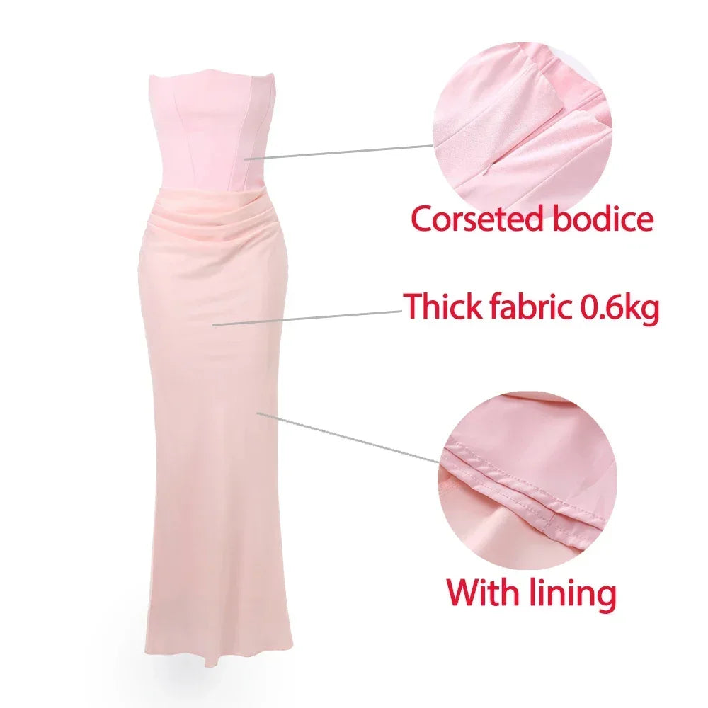 Women's Strapless Satin Long Corset Pink Evening Dresses