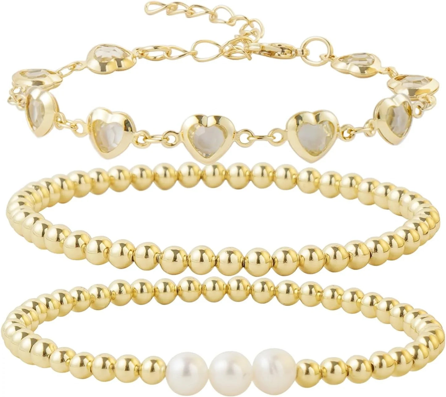 Dainty Gold Pearl Crystal Beaded Bracelets Set for Women