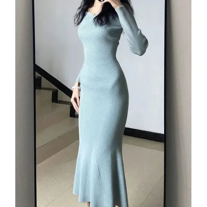 Women's Blue Knitted Fish Tail Slim Fit Dress