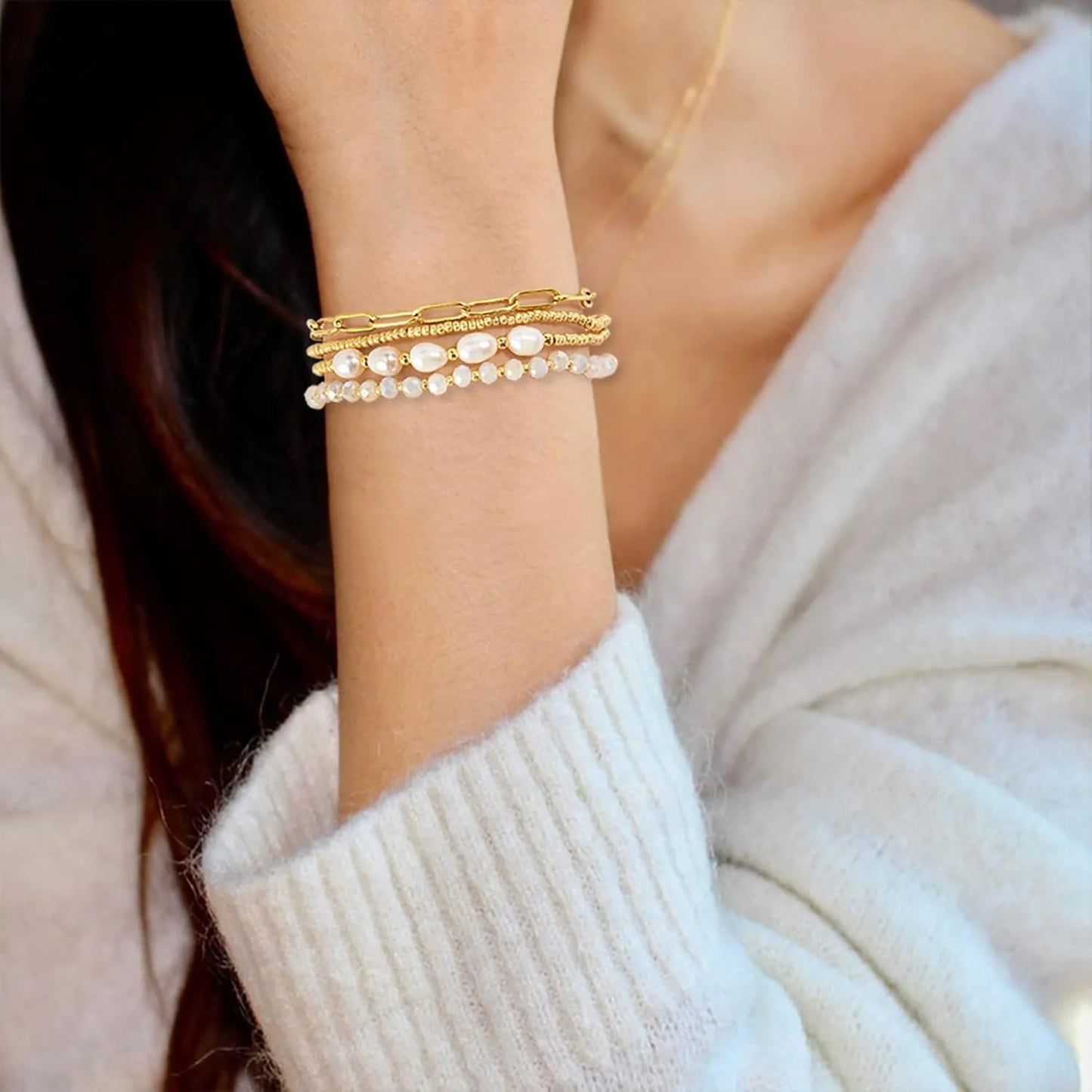 Dainty Gold Pearl Crystal Beaded Bracelets Set for Women