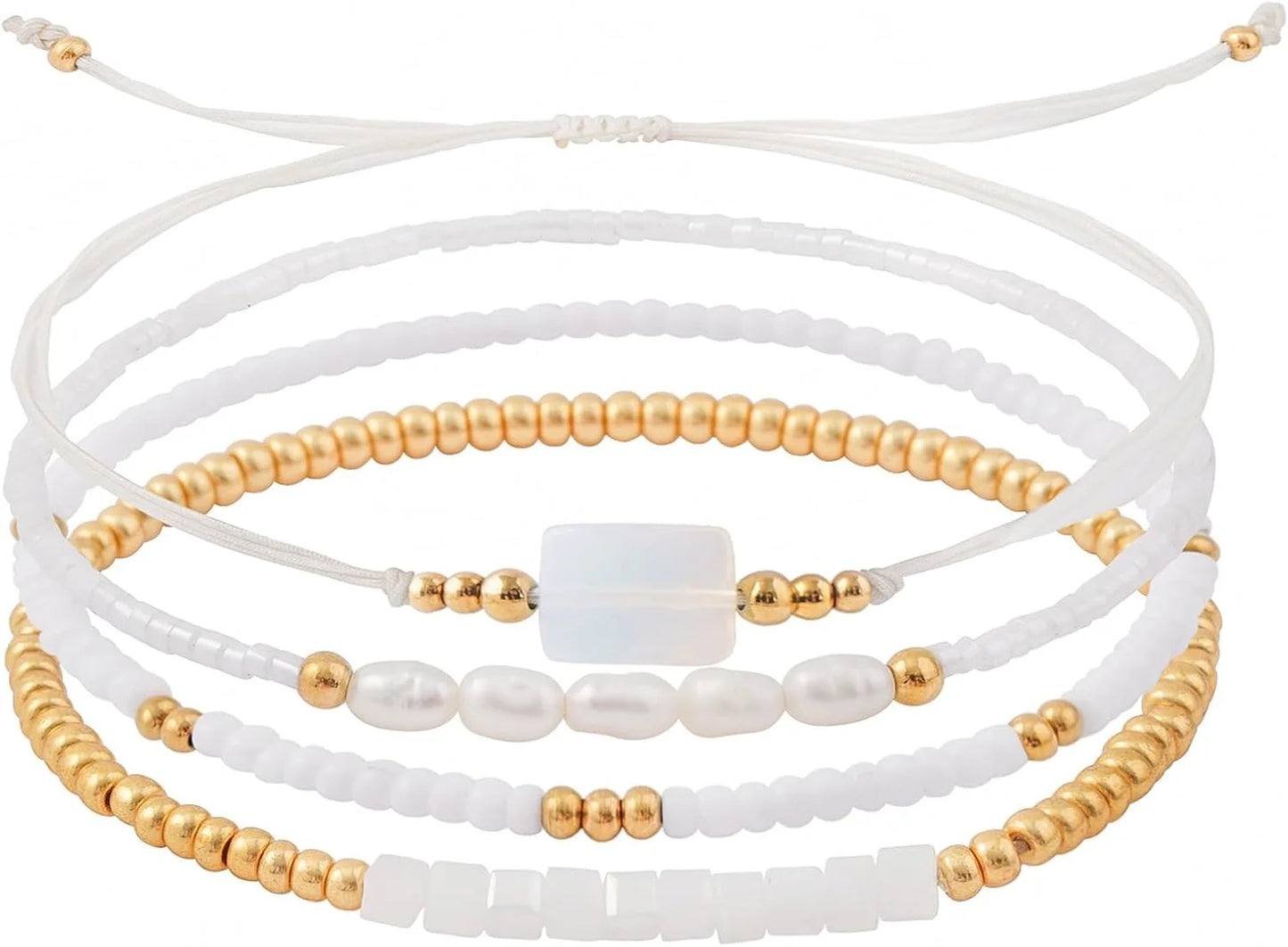 Dainty Gold Pearl Crystal Beaded Bracelets Set for Women