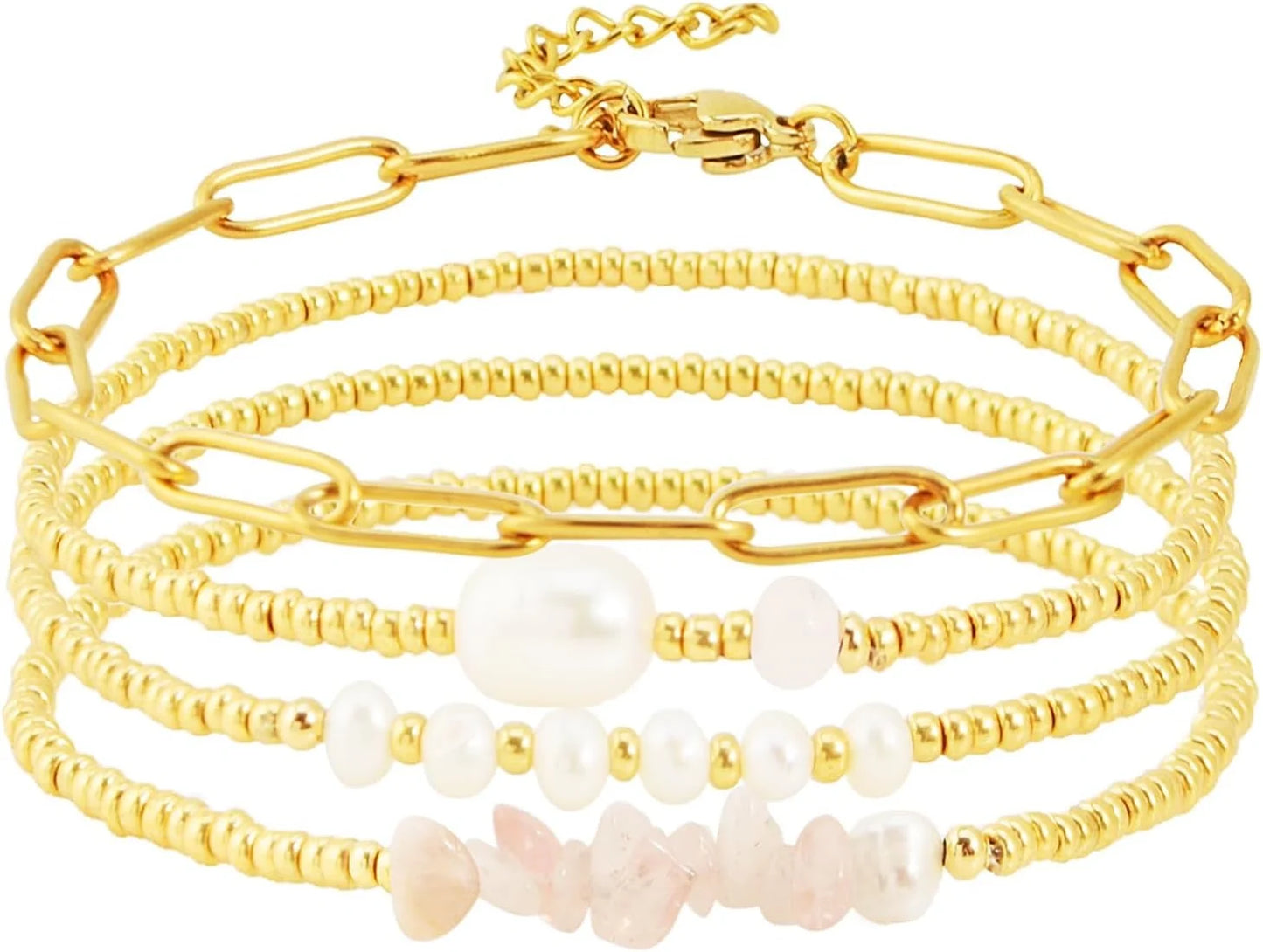 Dainty Gold Pearl Crystal Beaded Bracelets Set for Women