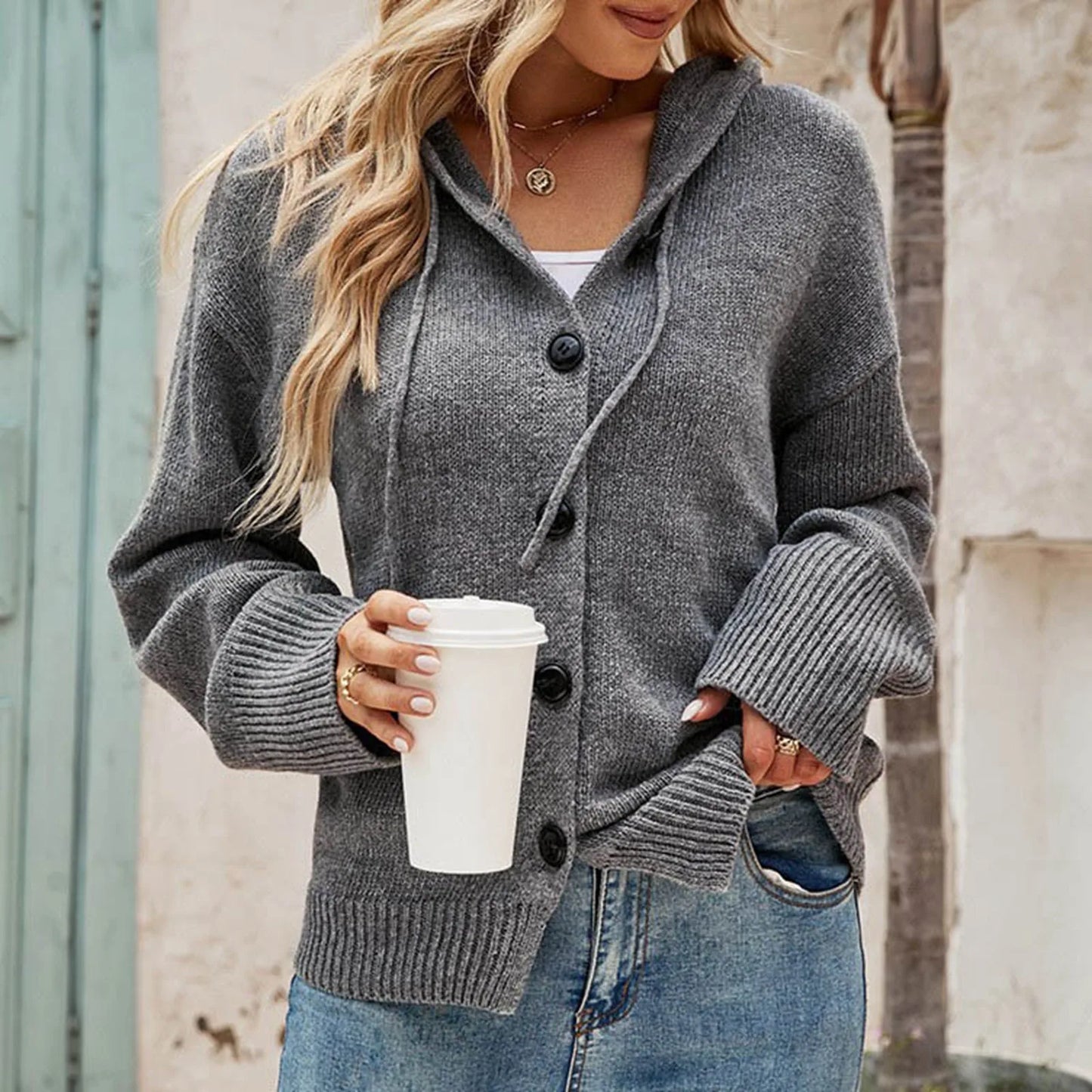 Women's Loose Fit Knitted Button Hooded Sweater