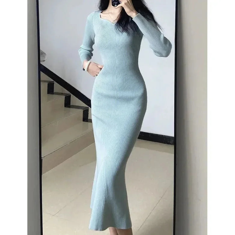 Women's Blue Knitted Fish Tail Slim Fit Dress