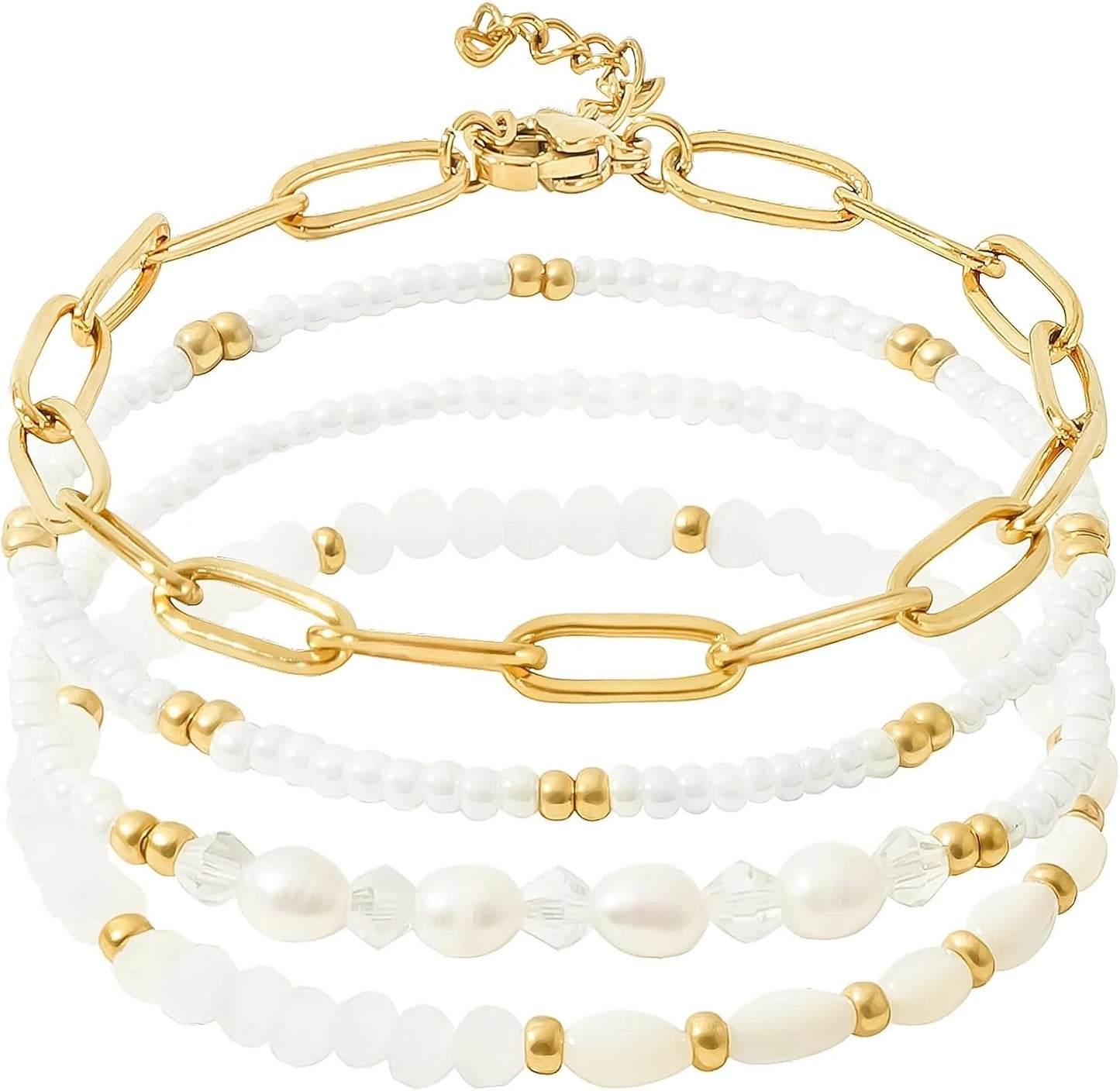 Dainty Gold Pearl Crystal Beaded Bracelets Set for Women