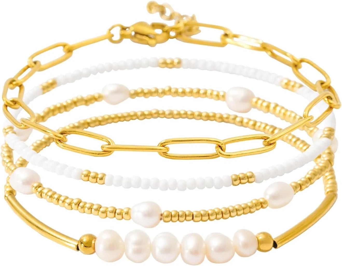 Dainty Gold Pearl Crystal Beaded Bracelets Set for Women