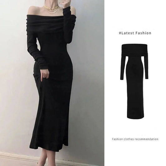 Elegant Long Sleeve Knitted Off Shoulder Maxi Bodycon Sweater Dress