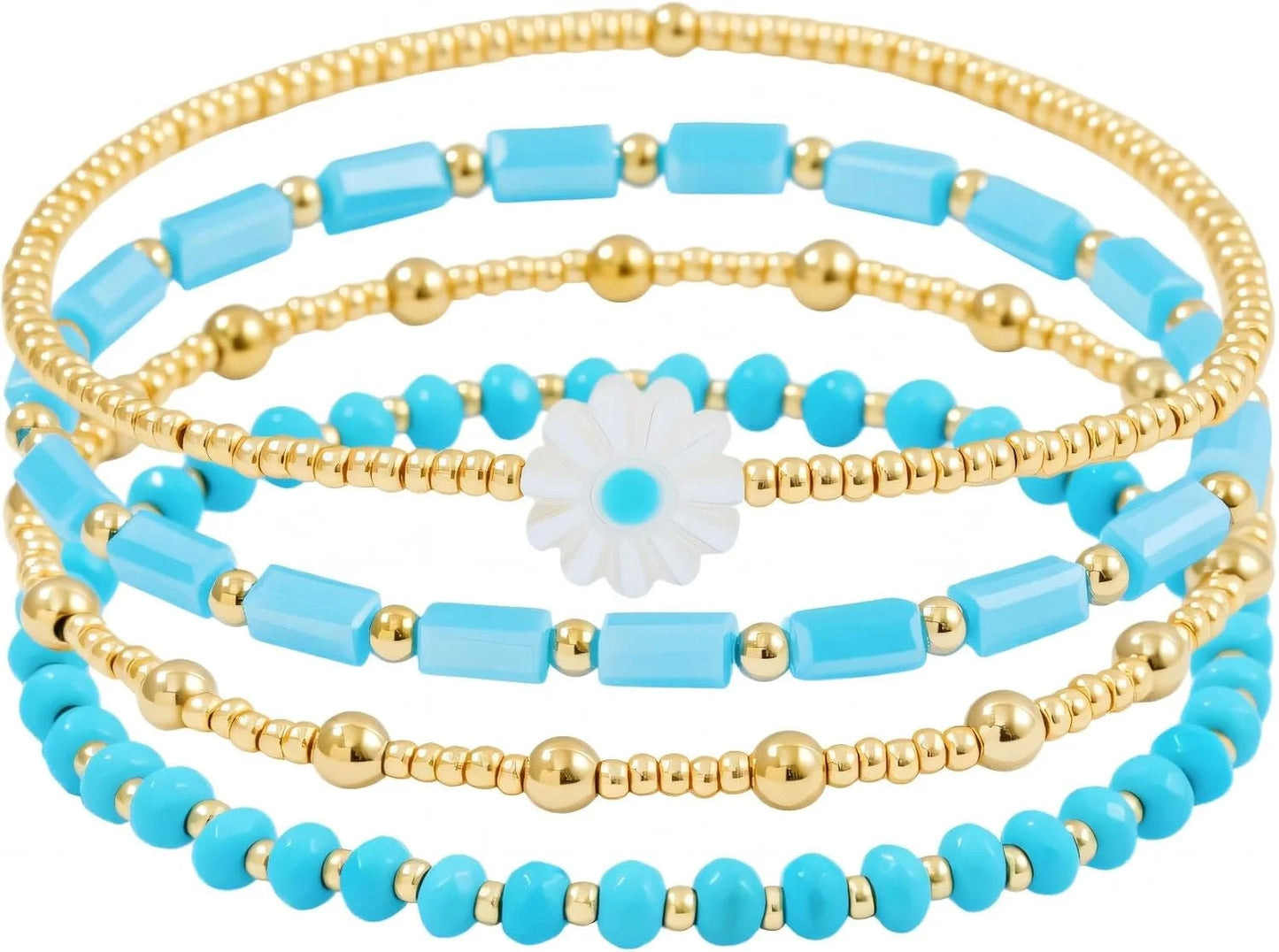 Dainty Gold Pearl Crystal Beaded Bracelets Set for Women