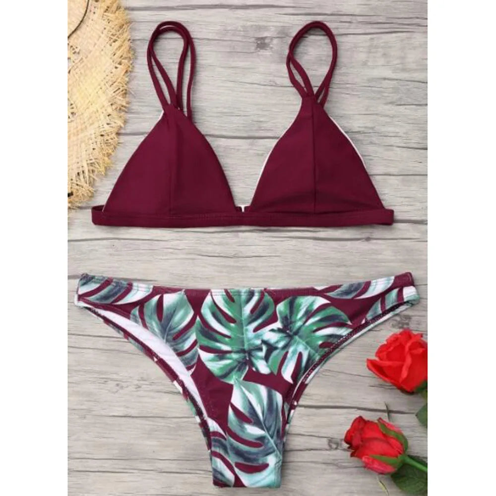 Women's Leaves Print Bikinis Set