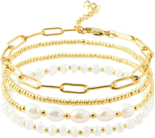 Dainty Gold Pearl Crystal Beaded Bracelets Set for Women