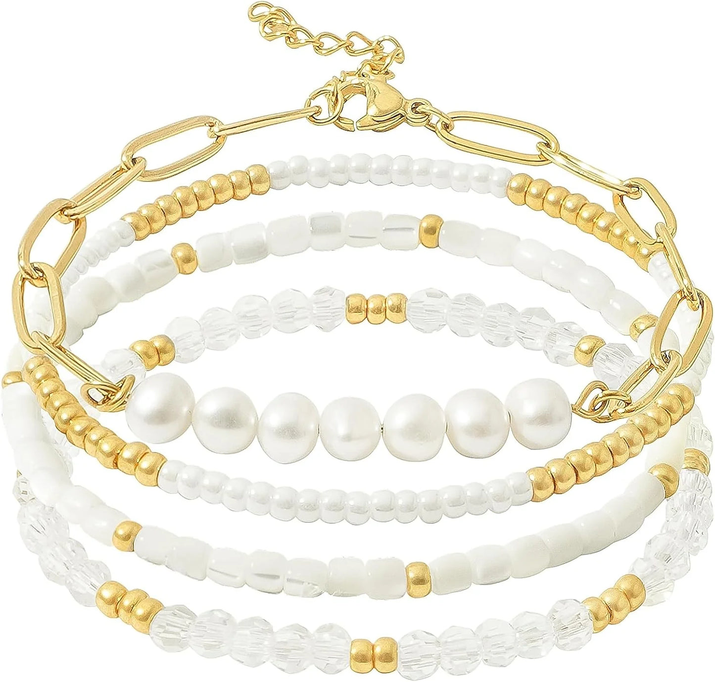 Dainty Gold Pearl Crystal Beaded Bracelets Set for Women