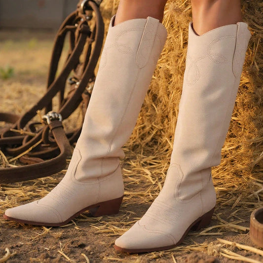 Vintage Cowgirl Western Knee Boots with Chunky Block Heel