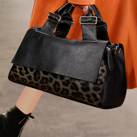 Fashionable Leopard Print Women's Cowhide Handbag