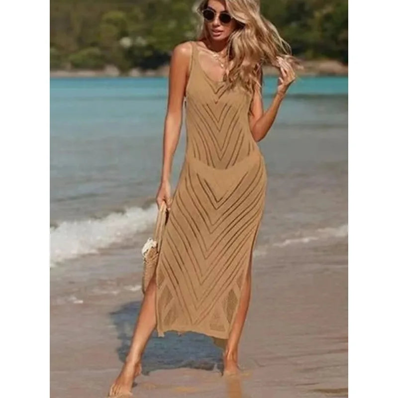 Women's Hollow V-neck Knitted Cover-up Dress