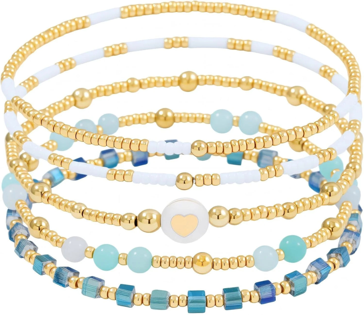 Dainty Gold Pearl Crystal Beaded Bracelets Set for Women