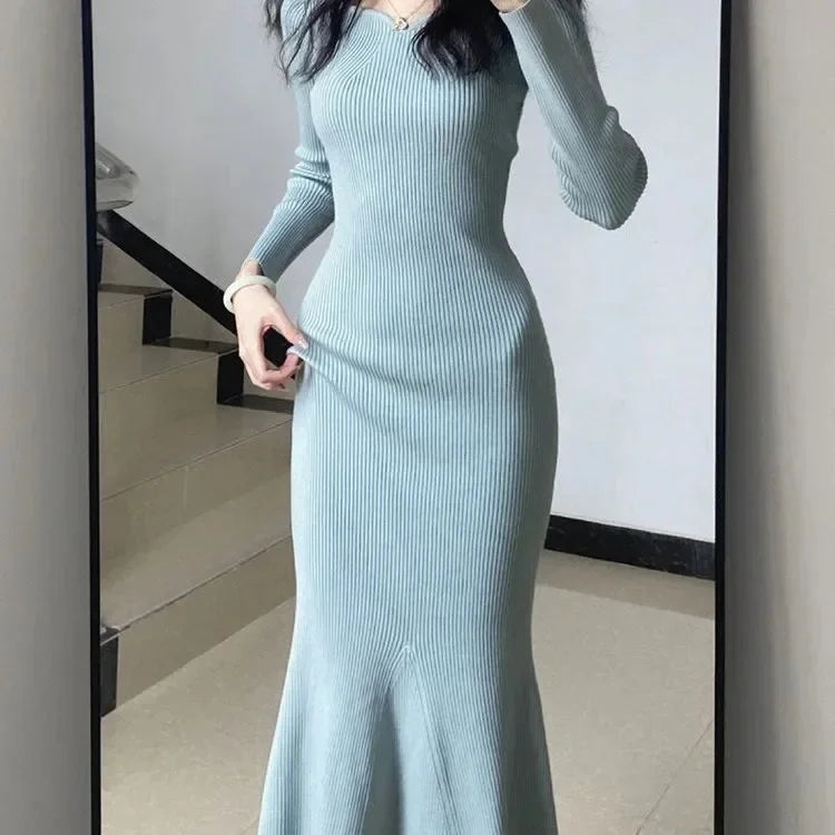 Women's Blue Knitted Fish Tail Slim Fit Dress